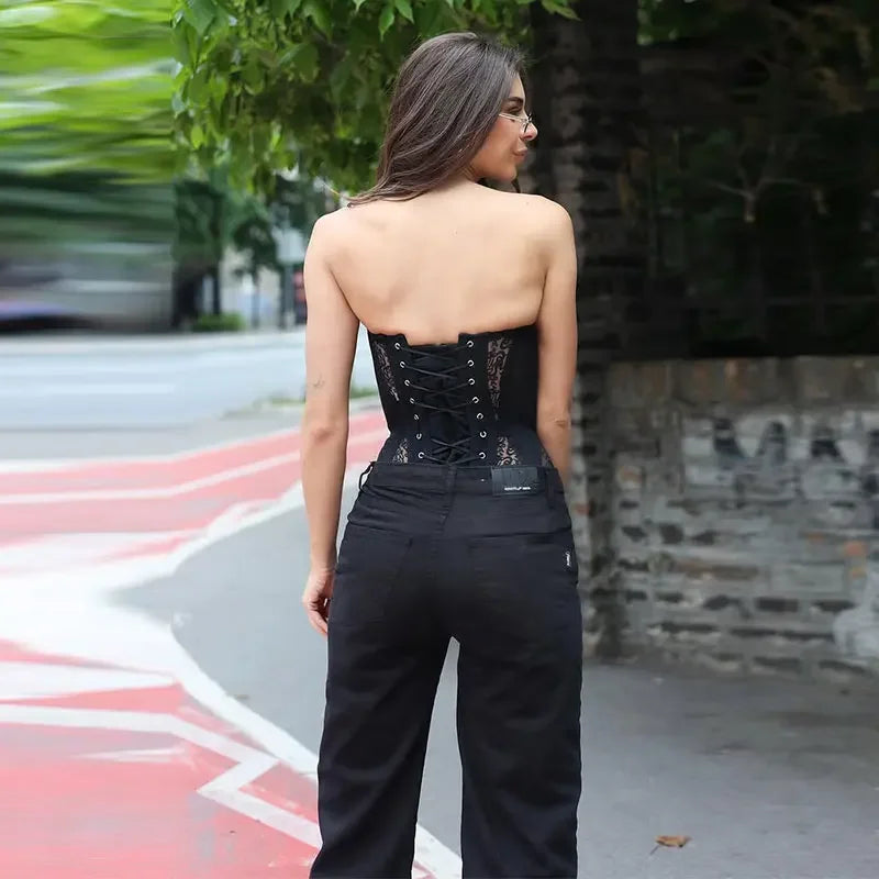Sexy Slim Fit Corset Lace Hollow Out Sleeveless Strapless Top Lace Up