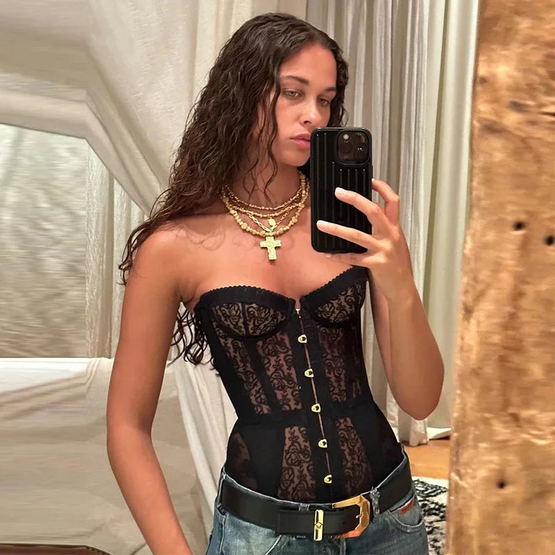 Sexy Slim Fit Corset Lace Hollow Out Sleeveless Strapless Top Lace Up