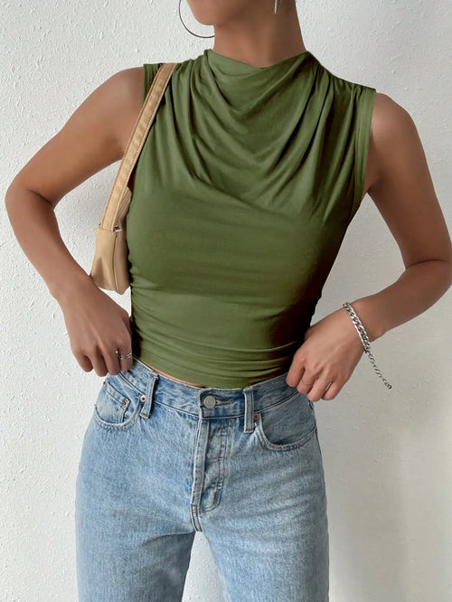 Women's Casual Pleated Design Top Summer Fashion Street Style Solid