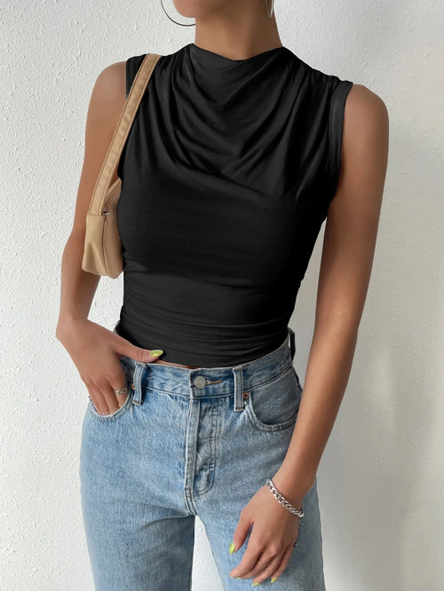 Women's Casual Pleated Design Top Summer Fashion Street Style Solid